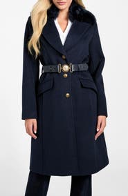 GUESS New Patrice Belted Coat with Removable Faux Fur Collar