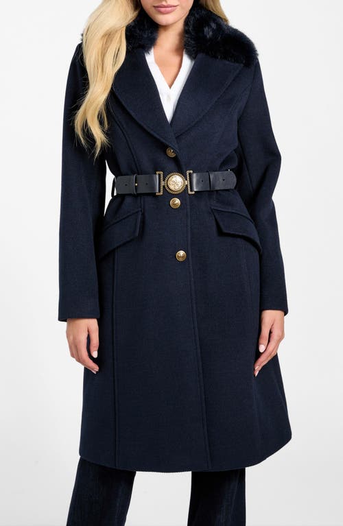 Guess New Patrice Belted Coat With Removable Faux Fur Collar In Blue