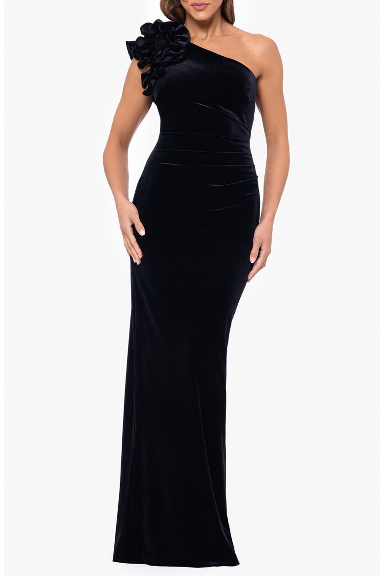 One-Shoulder Ruffle Stretch Velvet Gown, Main, color, BLACK
