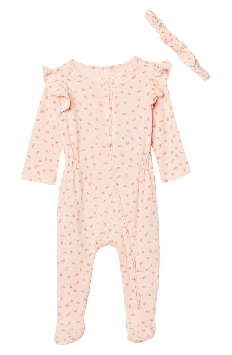 Jessica Simpson Strawberry Print Footie & Headband Set, Main, color, 