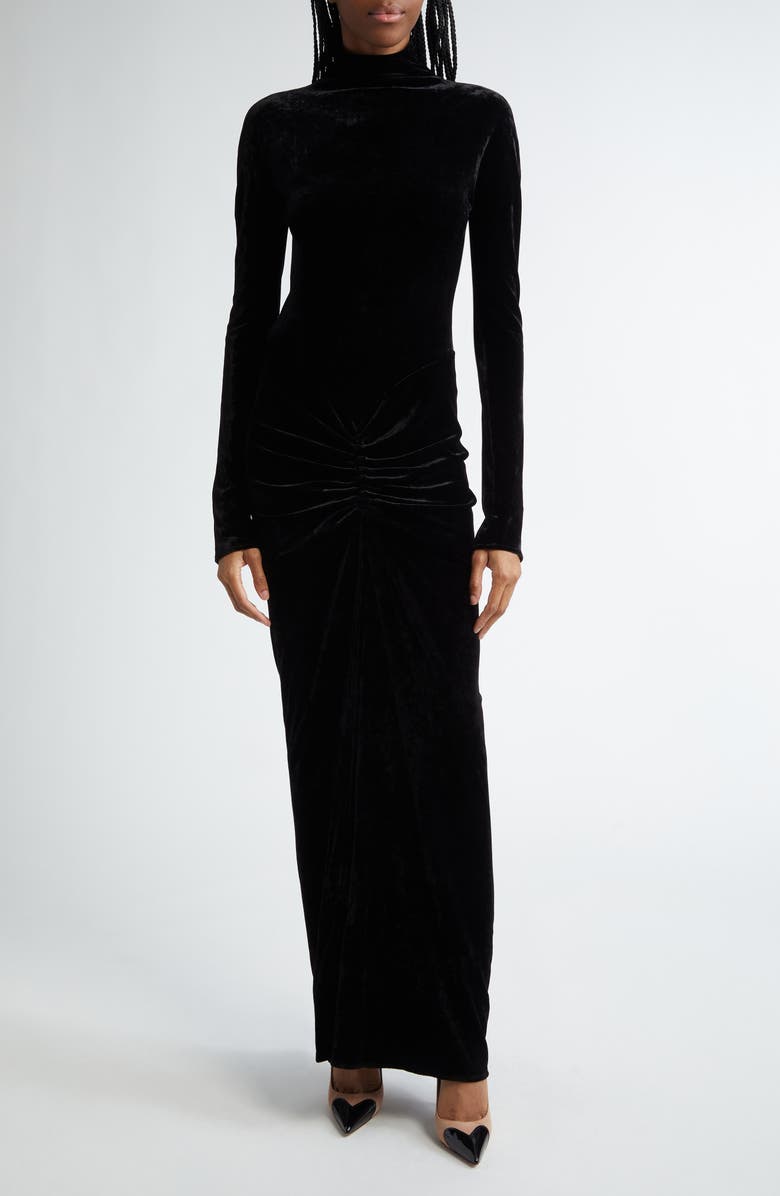 Alaïa Draped Long Sleeve Body-Con Velvet Dress, Main, color, 