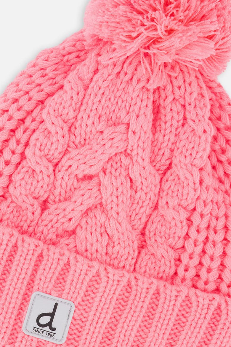 Winter Cable Pattern Fleece-Lined Pompom Knit Hat, Alternate, color, Neon Coral