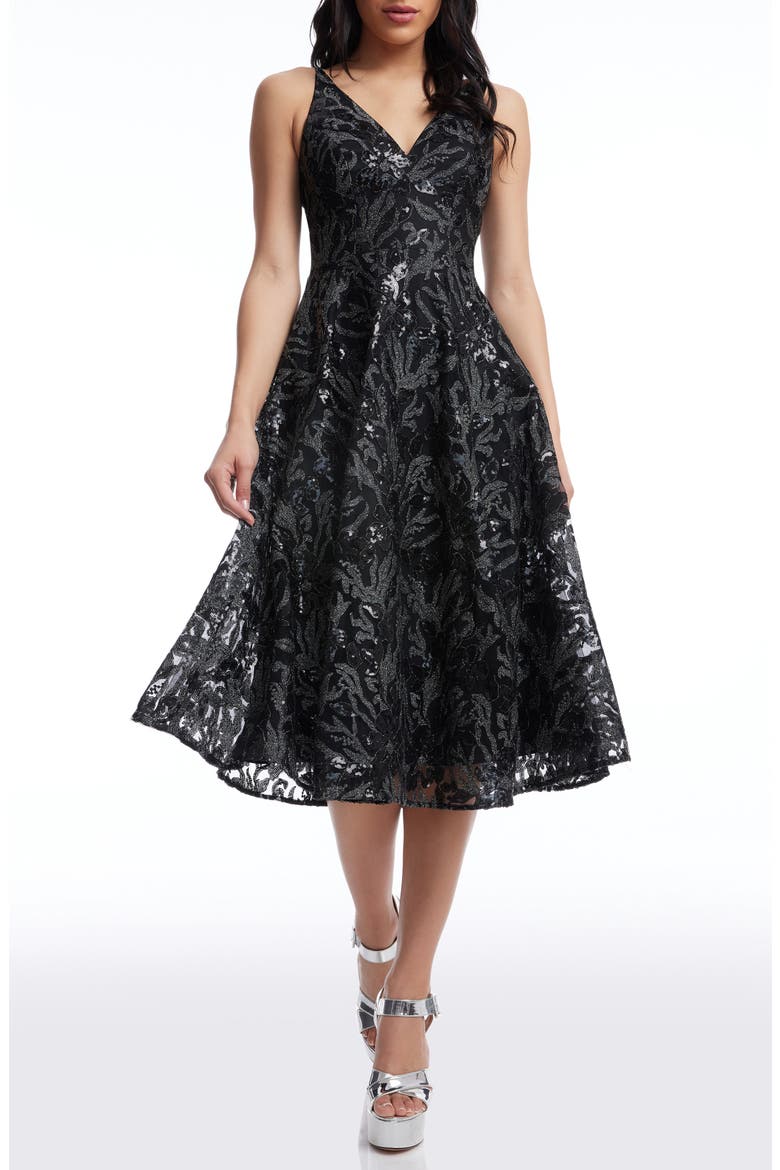 Elisa Sequin Fit & Flare Cocktail Dress, Main, color, BLACK MULTI