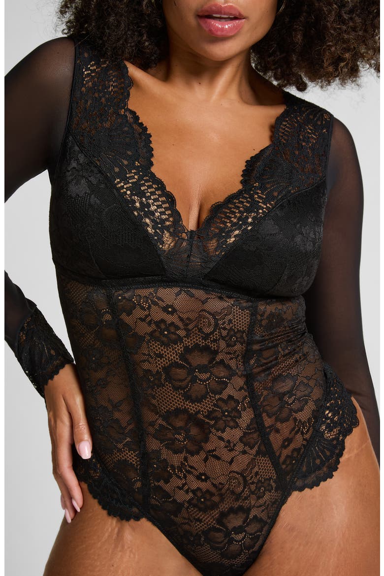 Essie Long Sleeve Mesh & Lace Teddy, Alternate, color, CAVIAR