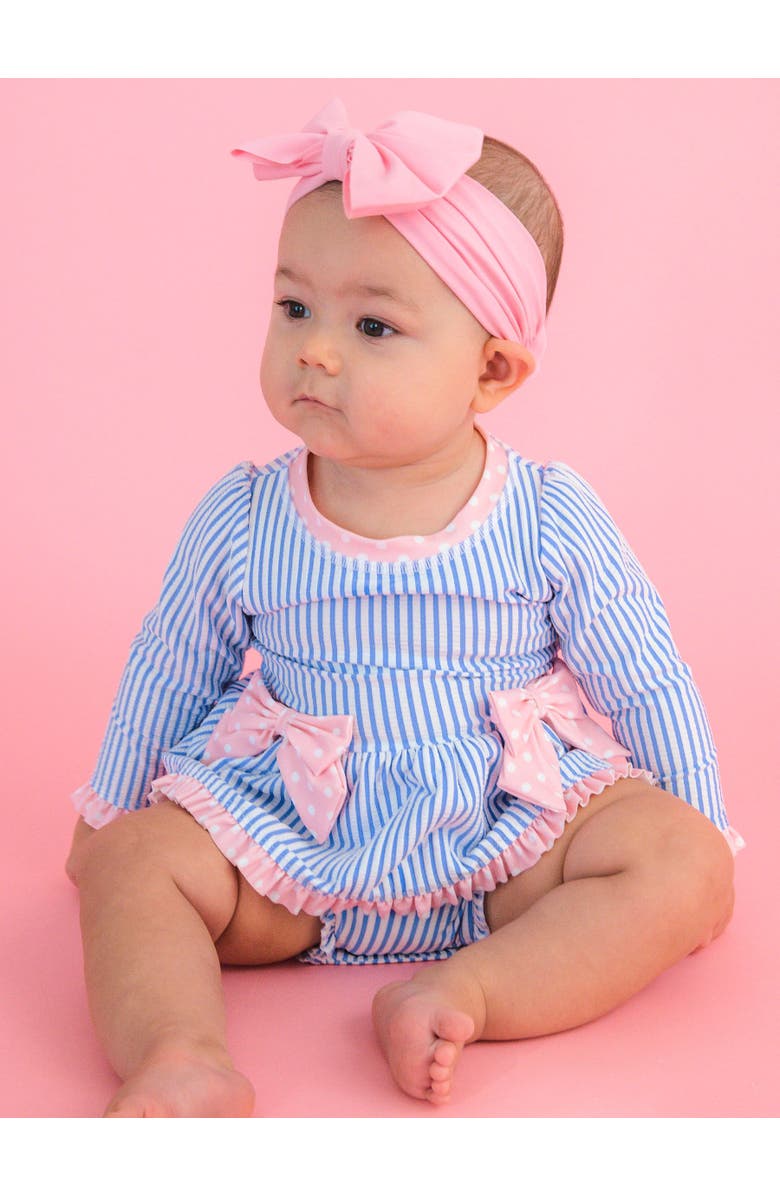 RuffleButts UPF50+ Seersucker Long Sleeve One Piece Bow Peplum Rash Guard Swimsuit, Alternate, color, Periwinkle Blue Seersucker