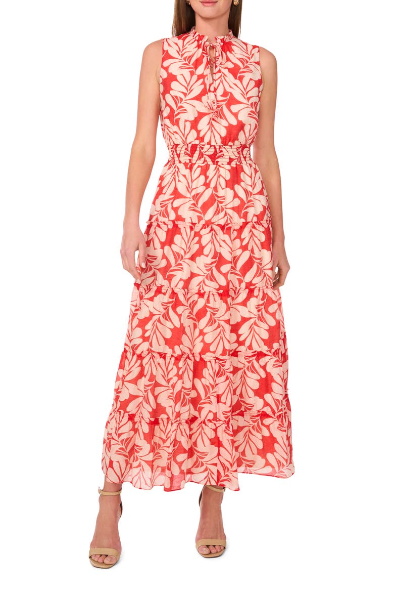 Tie Neck Sleeveless Tiered Maxi Dress, Main, color, BRILLIANT RED