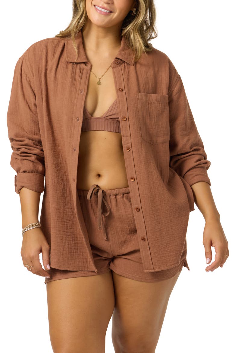 Leni Relaxed Fit Cotton Cover-Up Shirt, Main, color, CAROB BROW