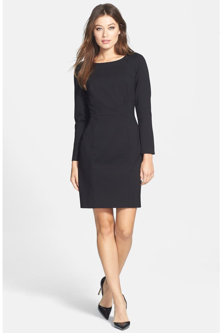 Pleat Detail Long Sleeve Ponte Sheath Dress, Alternate, color, BLACK