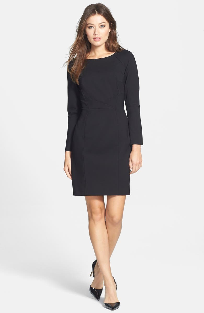 Tahari Pleat Detail Long Sleeve Ponte Sheath Dress, Alternate, color,