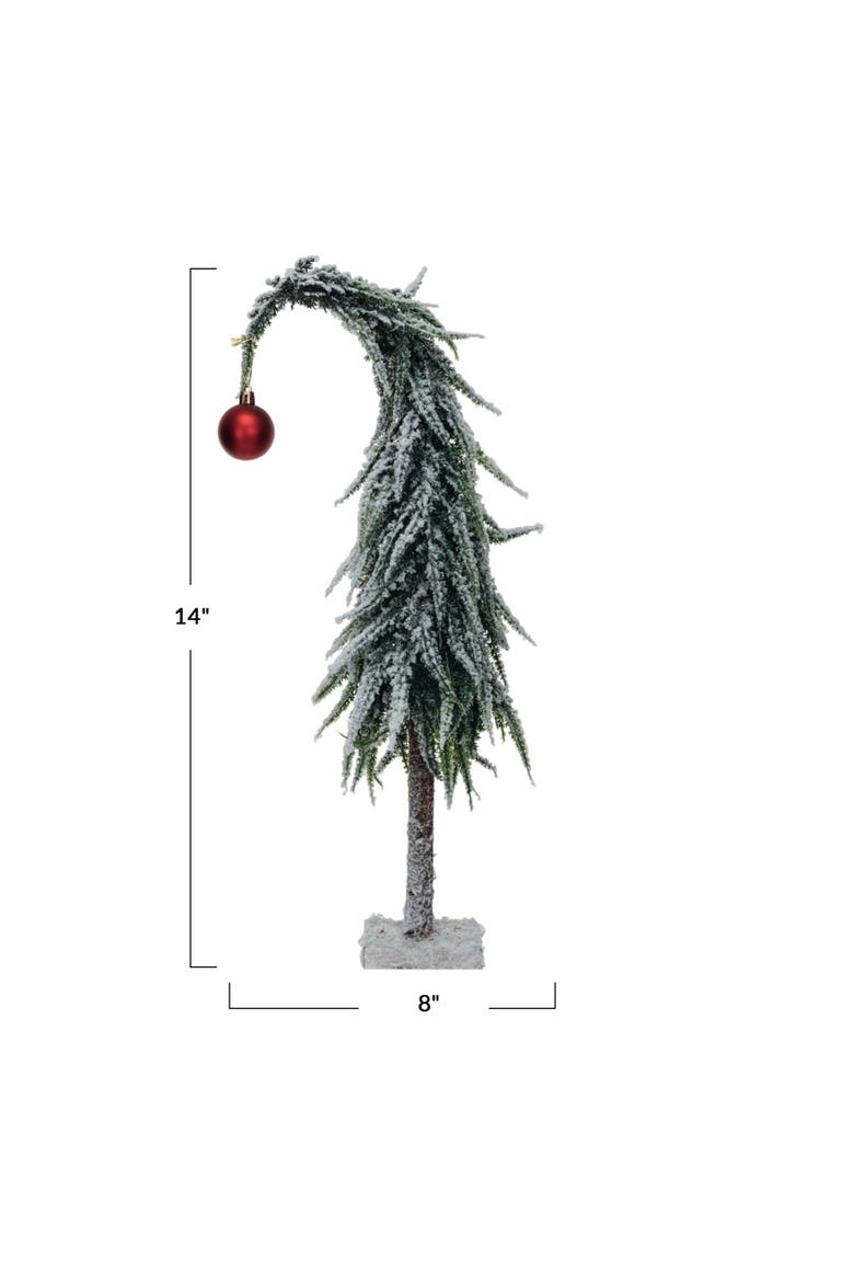 Faux Evergreen Tree with Wood Base and Snow Finish, Green and Red, Alternate, color, Green; Red