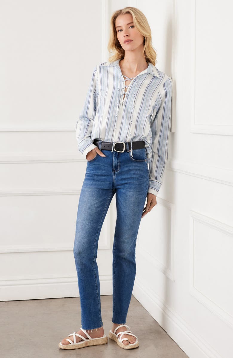 Karen Kane Stripe Linen Blend Lace-Up Popover Shirt, Alternate, color, Stripe