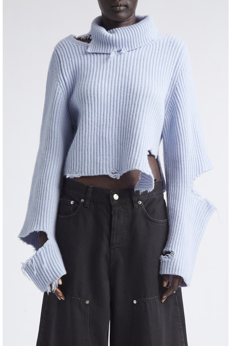 Lover Destroyed Rib Merino Wool Turtleneck Sweater, Main, color, SKY