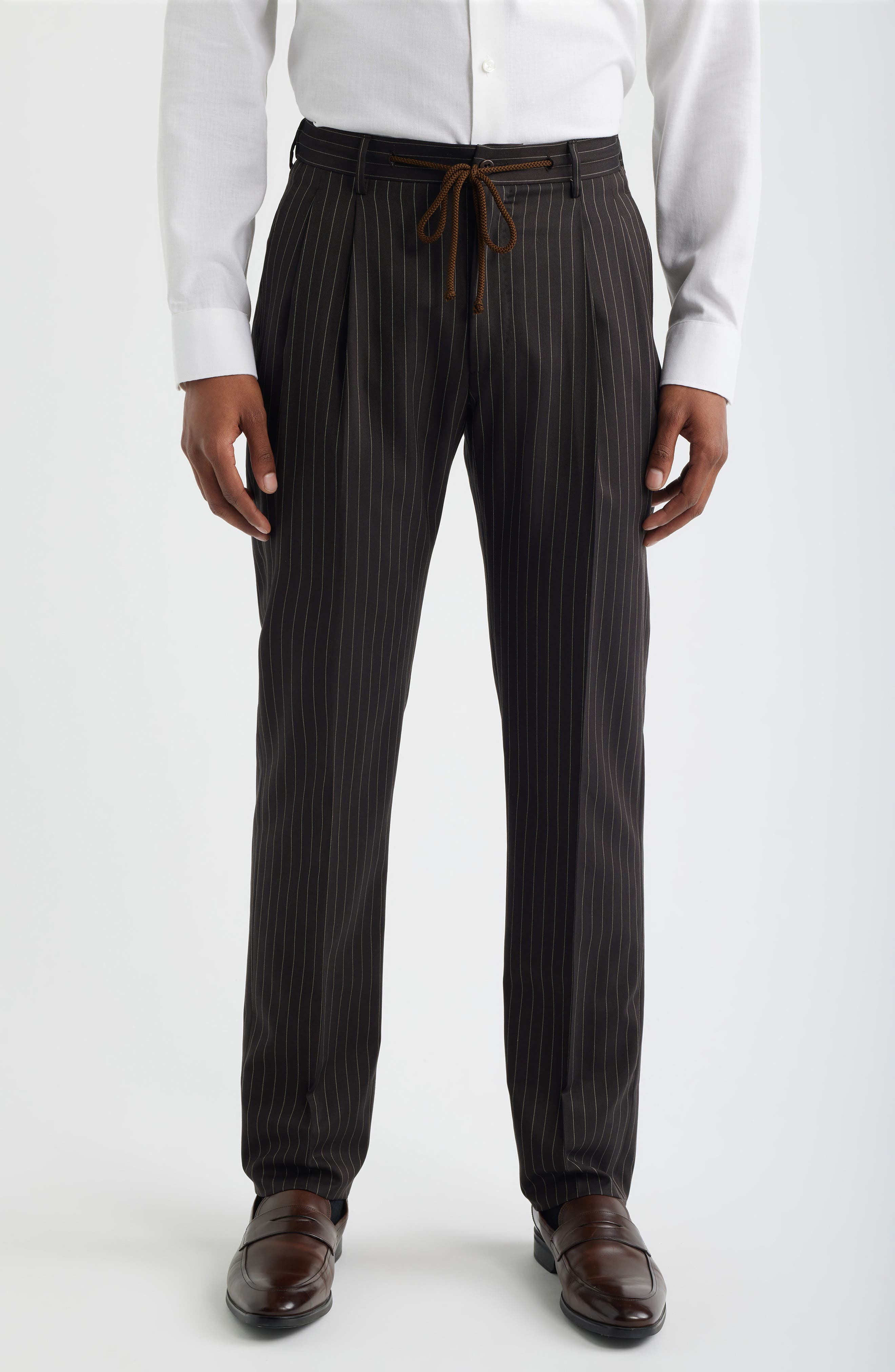 Zanella Nova Black Pinstripe Pleated Wool & Cotton Drawstring Dress Pants