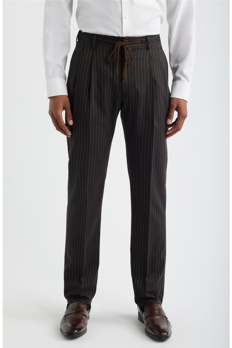 Nova Black Pinstripe Pleated Wool & Cotton Drawstring Dress Pants, Main, color, ESPRESSO