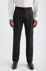 Zanella Nova Black Pinstripe Pleated Wool & Cotton Drawstring Dress Pants