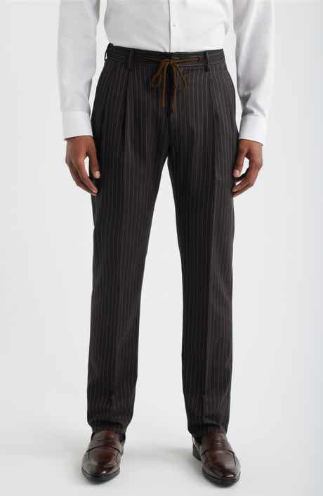 Zanella Nova Black Pinstripe Pleated Wool & Cotton Drawstring Dress Pants