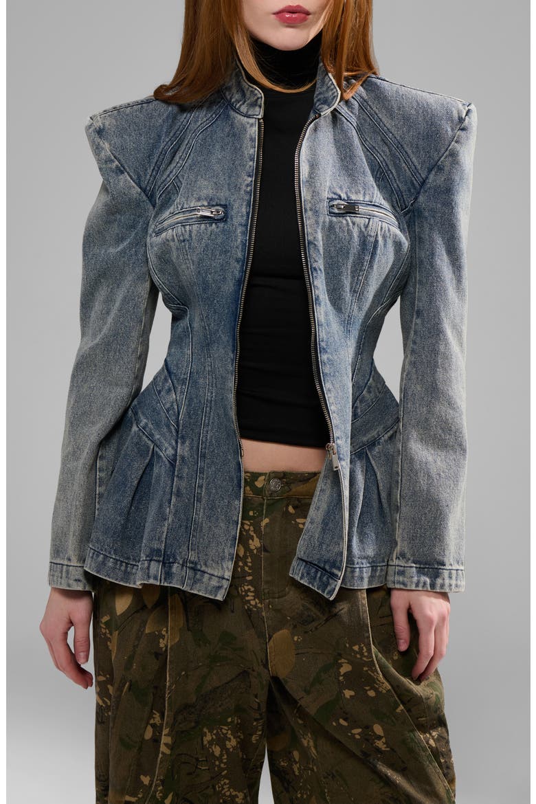 Virelle Structured Denim Peplum Jacket, Alternate, color, DENIM