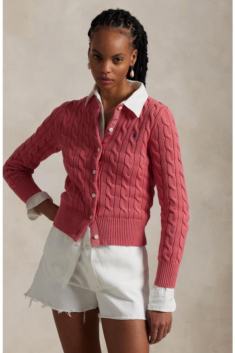 Cable Knit Cotton Crewneck Cardigan, Alternate, color, RED SKY