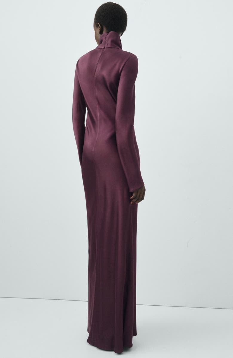 MANGO Selection Turtleneck Long Sleeve Satin Maxi Dress, Alternate, color, Burgundy