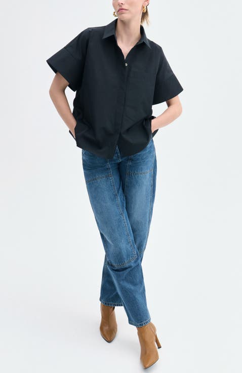 Boxy Short Sleeve Shirt in Cotton Poplin