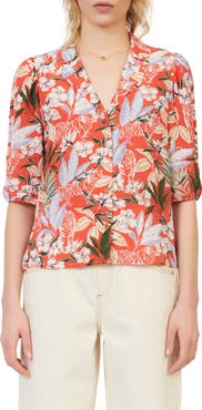 maje Tropical Floral Print Elbow Sleeve Button-Up Blouse