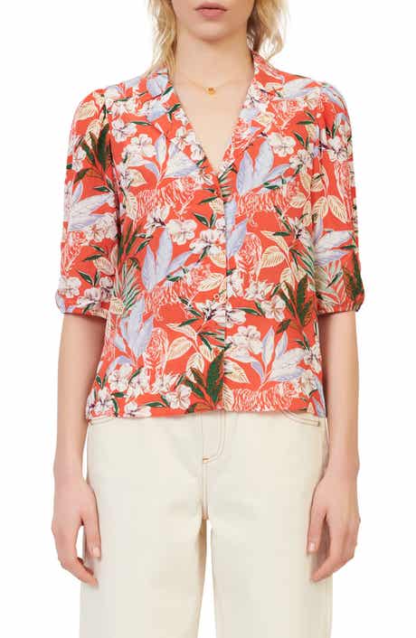 maje Tropical Floral Print Elbow Sleeve Button-Up Blouse