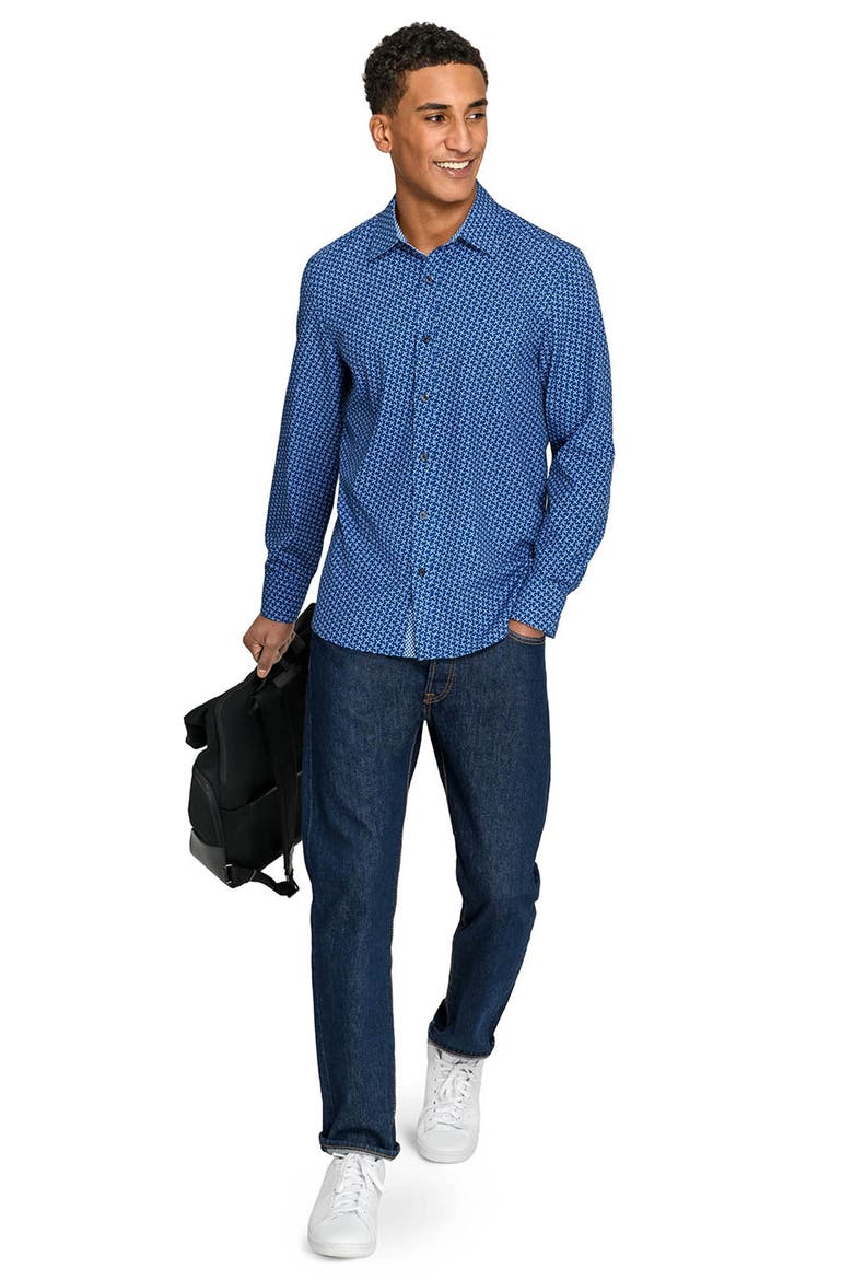 Slim Fit Pinwheel Floral Performance Long Sleeve Shirt, Alternate, color, NAVY
