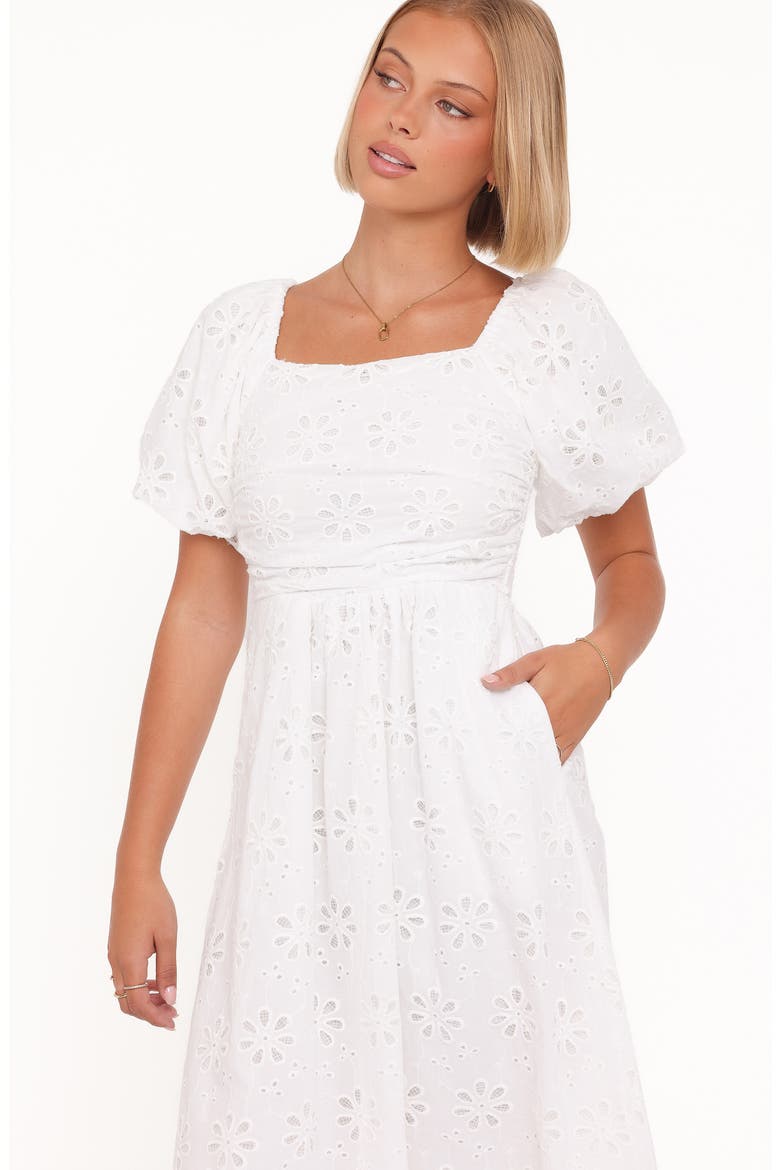Clo Floral Eyelet Puff Sleeve Cotton Midi Dress, Alternate, color, WHITE BRODERIE
