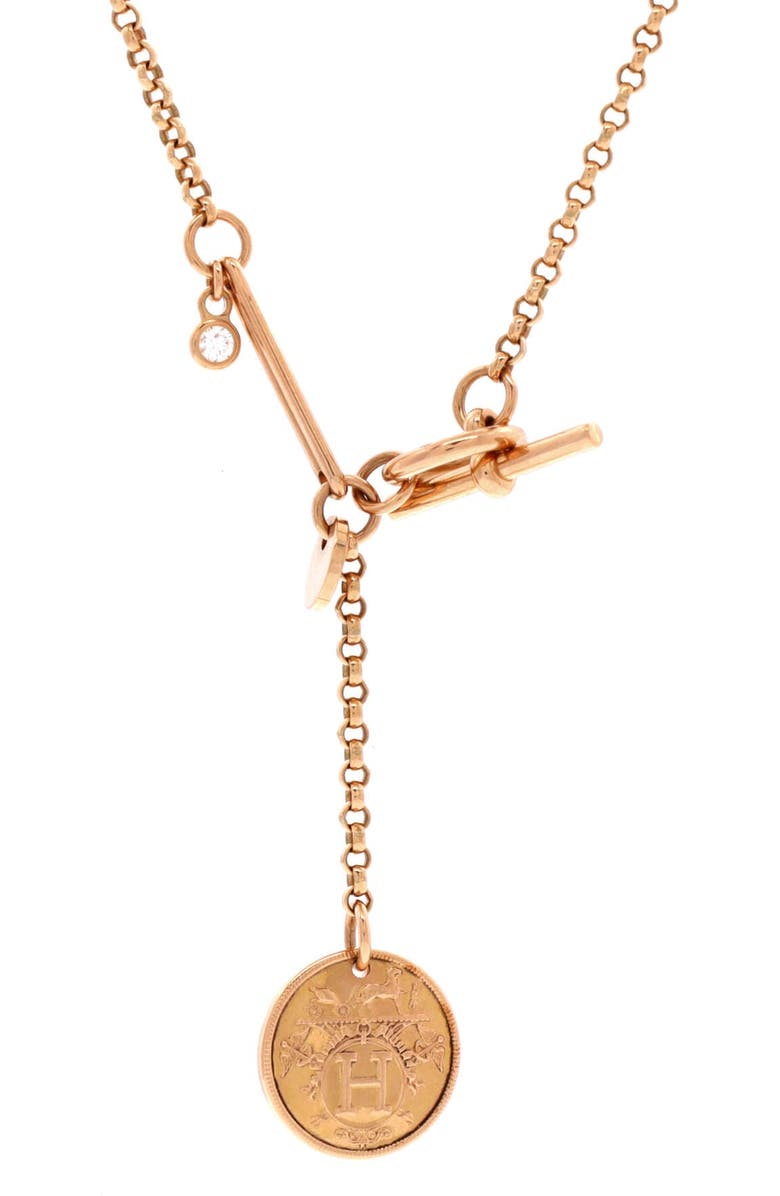 Pre-Owned Hermes Ex-Libris Pendant Necklace 18K Rose Gold with Diamond Small, Main, color, Rose Gold