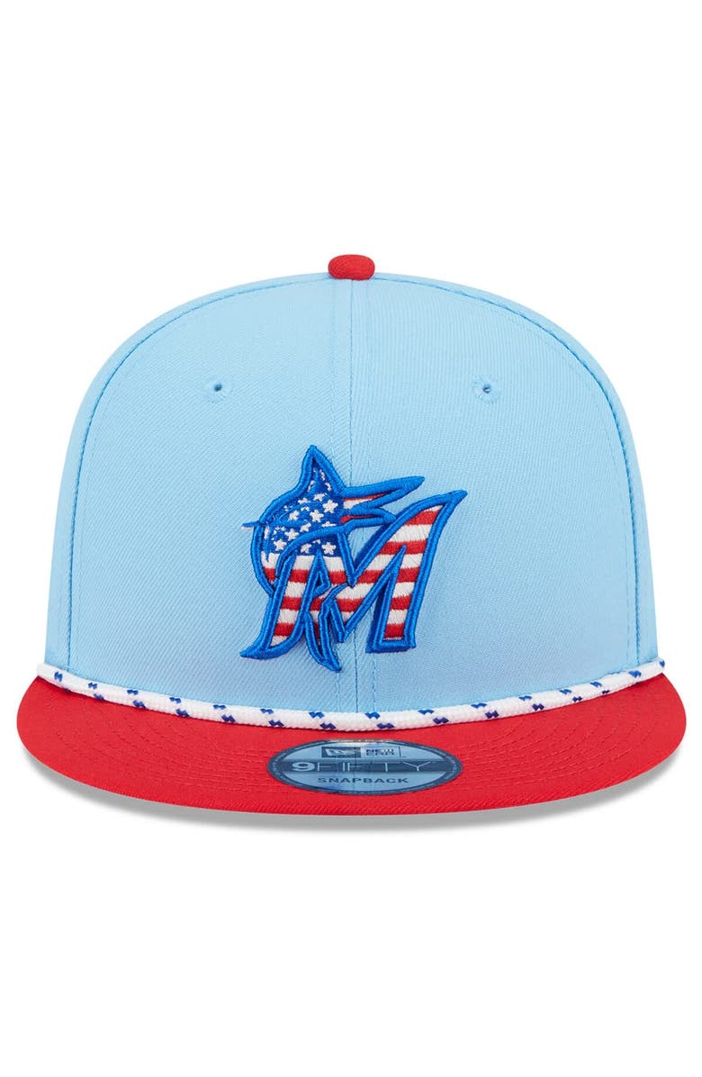 New Era Men's New Era Light Blue/Red Miami Marlins 2025 Fourth of July 9FIFTY Snapback Hat, Alternate, color, 