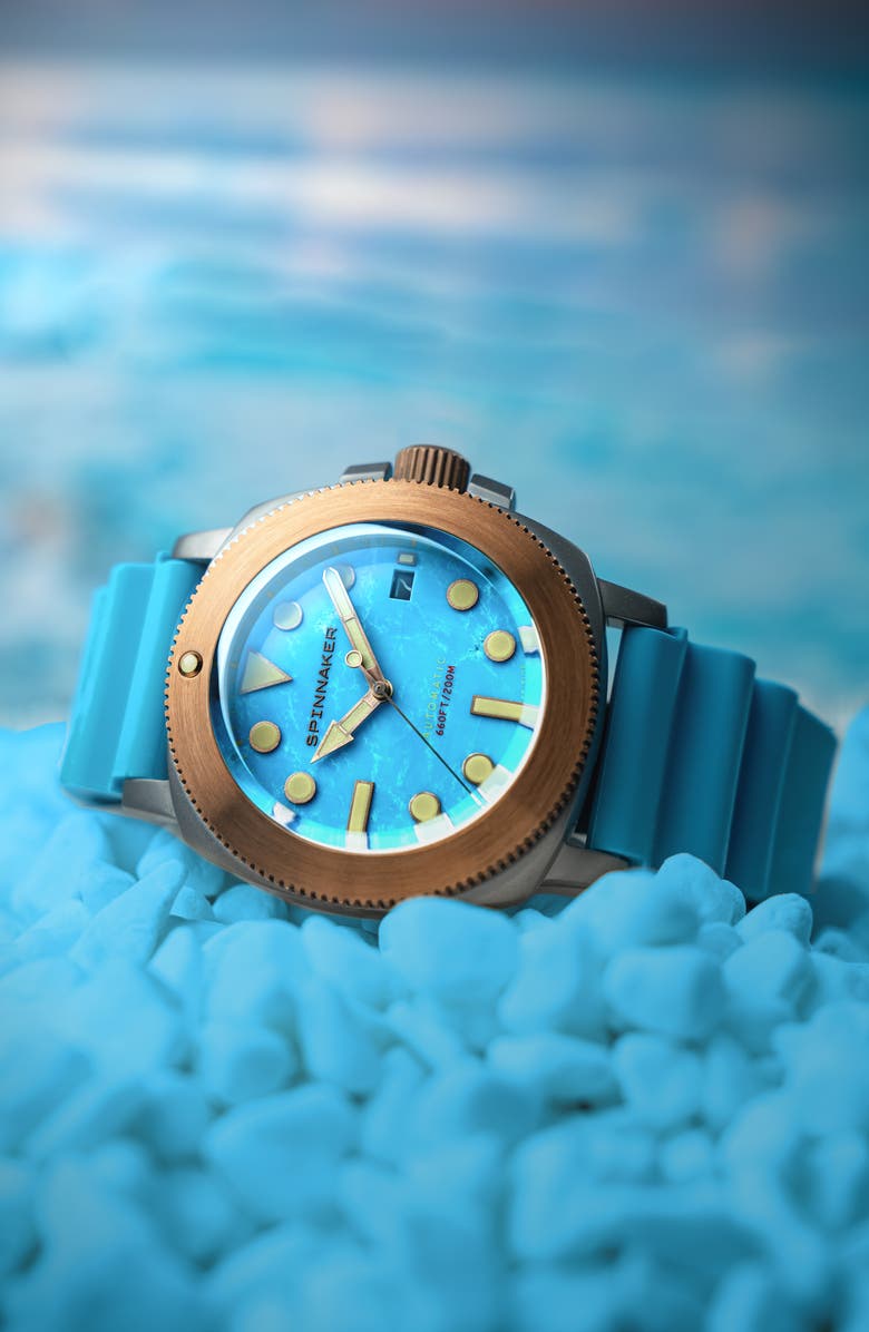 SPINNAKER Hull Titanium Bronze Automatic Lapidary Turquoise Silicone Strap Watch, 42mm, Alternate, color,