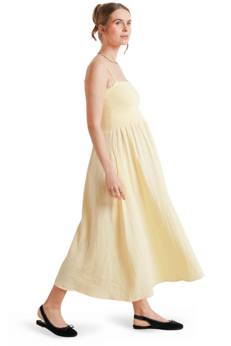 The Easy Smocked Maternity Midi Dress, Alternate, color, Butter Yellow