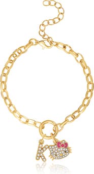 Hello Kitty Initial Crystal Charm Bracelet, Gold-Tone, Adjustable