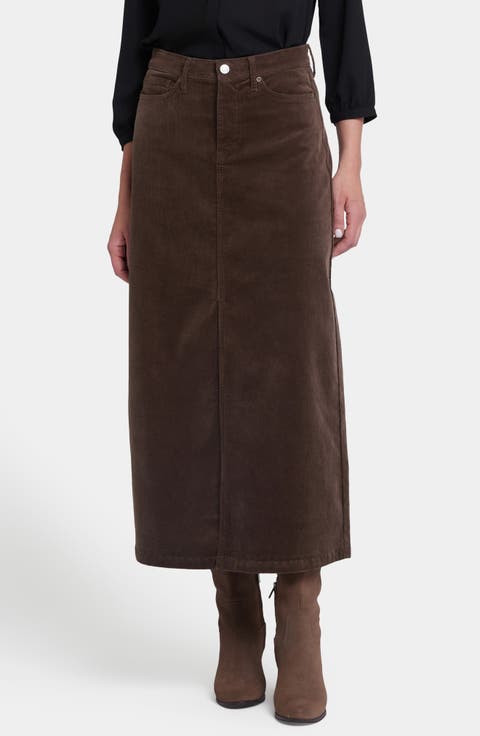High Waist Slit Front Corduroy Maxi Skirt