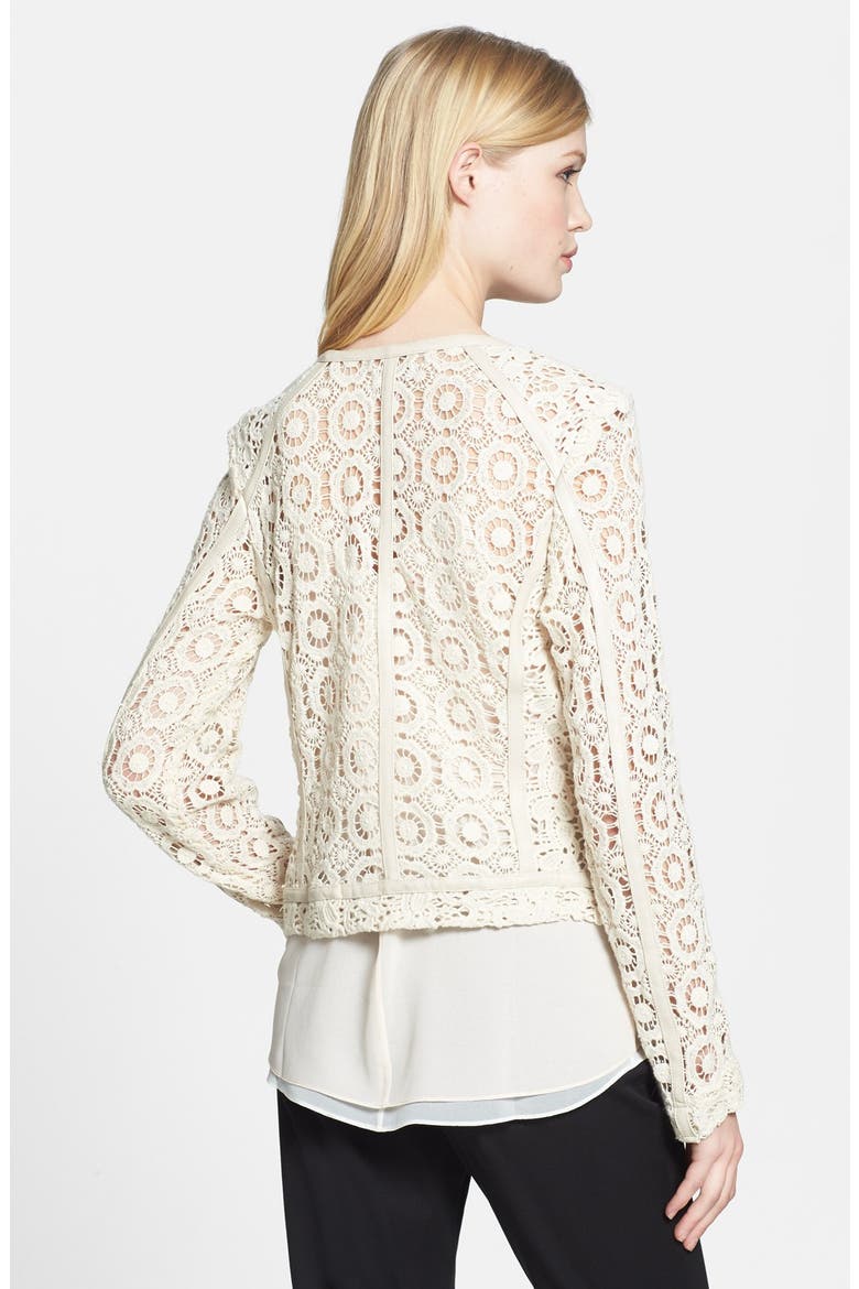Faux Leather Trim Crocheted Jacket, Alternate, color, SAND SHELL