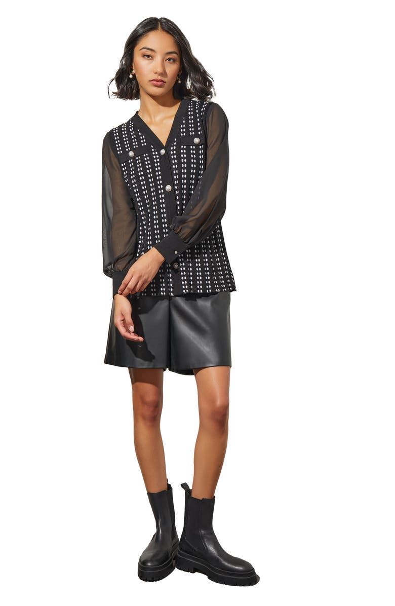 Ming Wang Mix Media Sheer Sleeve Tweed Cardigan, Alternate, color, 