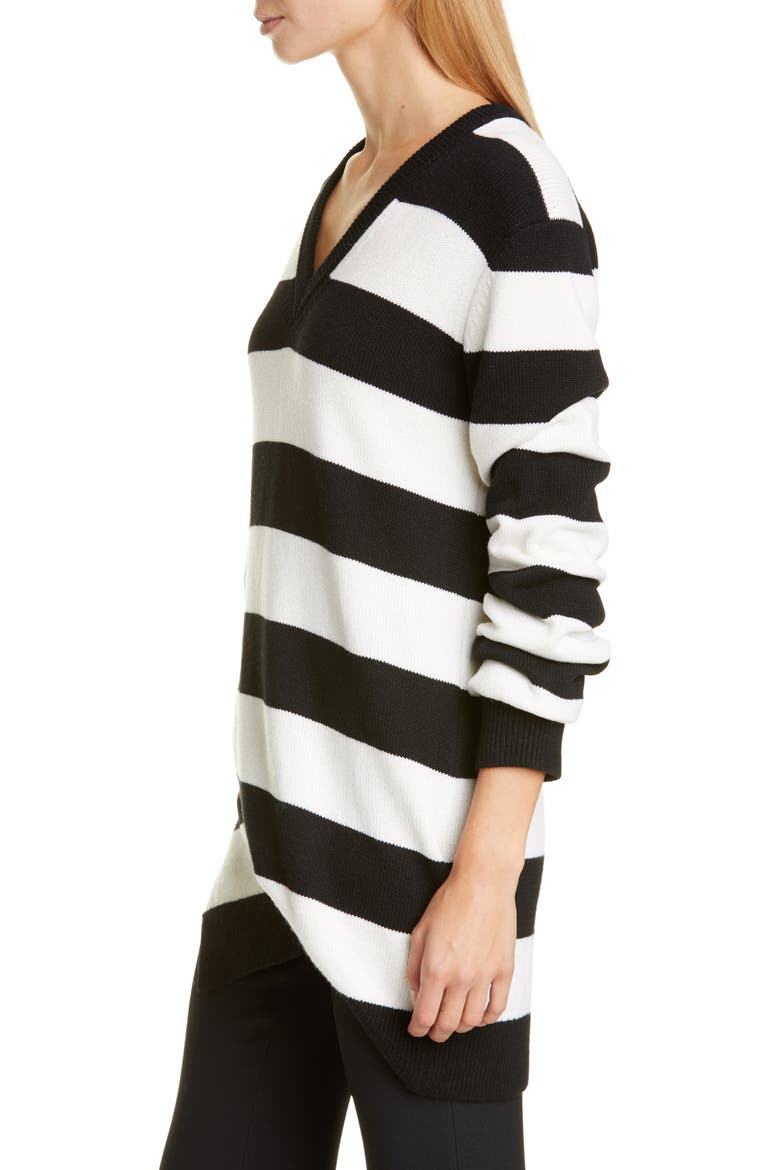 Michael Kors Stripe Draped Asymmetrical Cashmere Sweater, Alternate, color, BLACK/ WHITE
