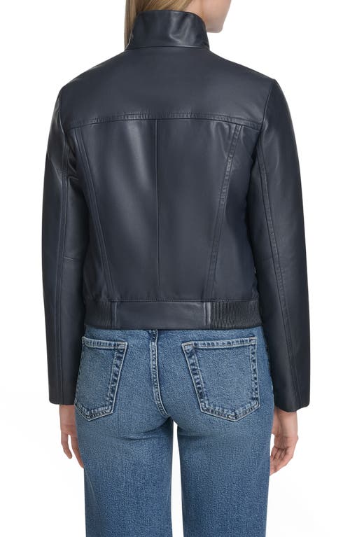 Cole Haan Stand Collar Leather Bomber Jacket In Blue
