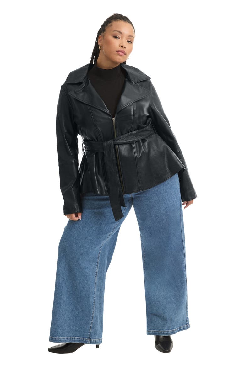 High Low Belted Leather Jacket, Main, color, BLACK