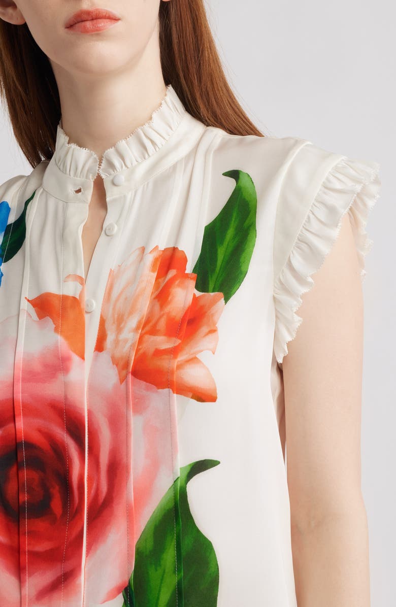 Elie Tahari The Chloe Ruffle Floral Stretch Silk Button-Up Shirt, Alternate, color, 