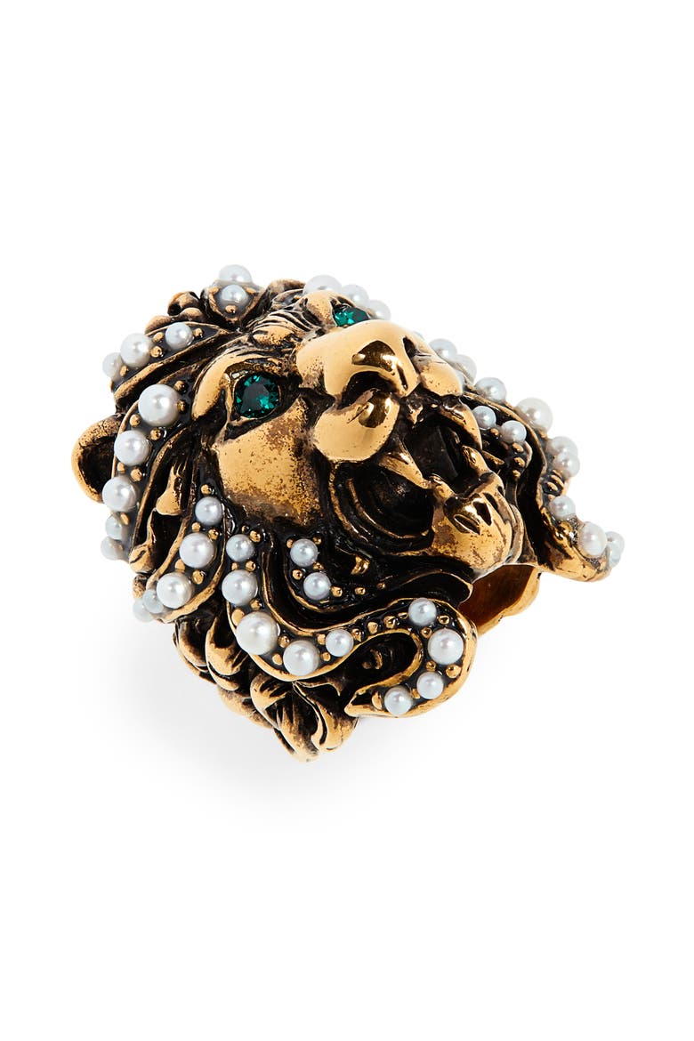 Lion Head Imitation Pearl & Crystal Ring, Main, color, GOLD/ PEARL