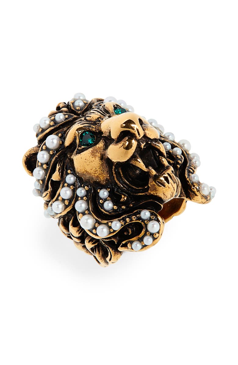 Gucci Lion Head Imitation Pearl & Crystal Ring, Main, color,