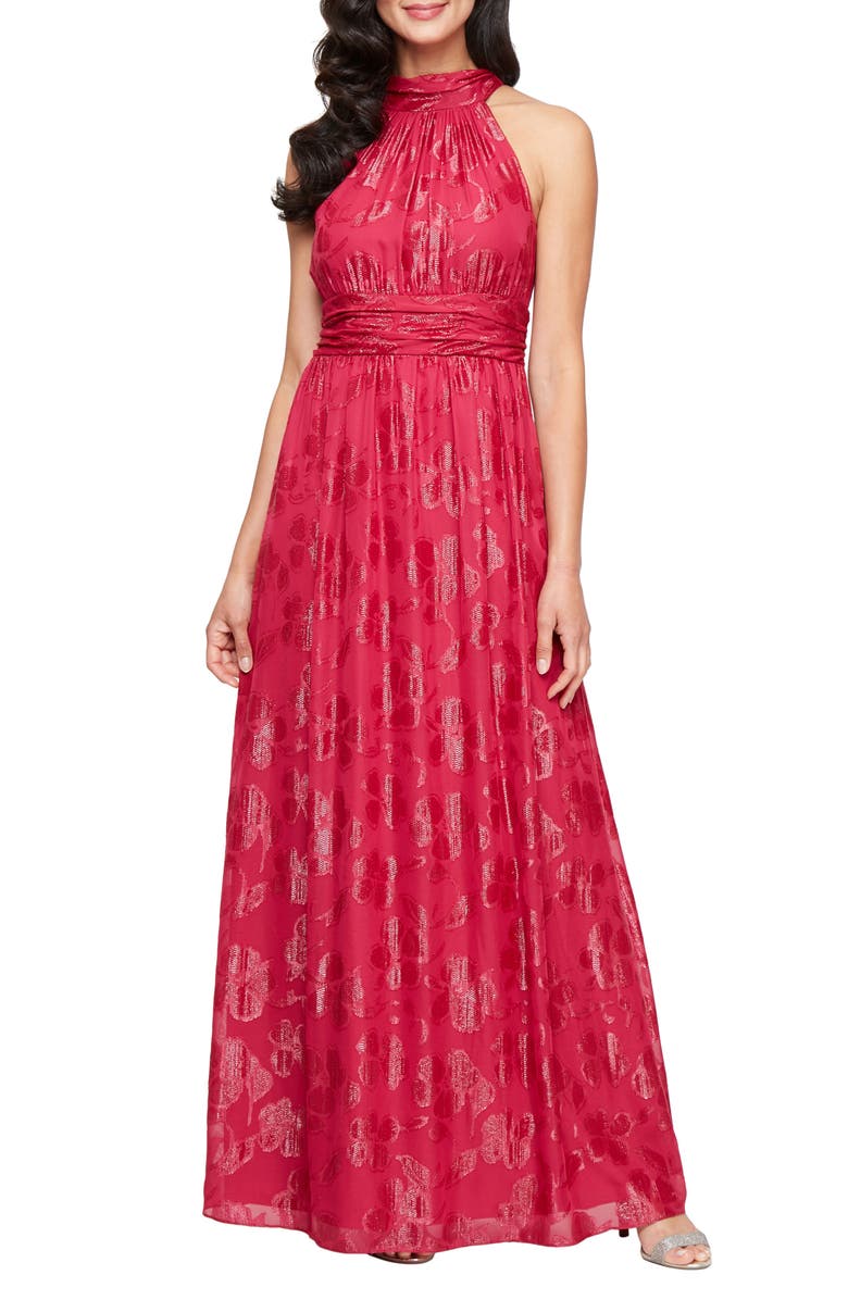 SL FASHIONS Floral Burnout Halter Gown, Main, color, Fuchsia