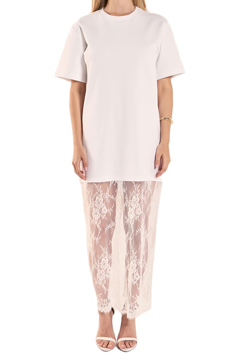 Mixed Media Cotton Knit & Lace T-Shirt Dress, Alternate, color, WHITE