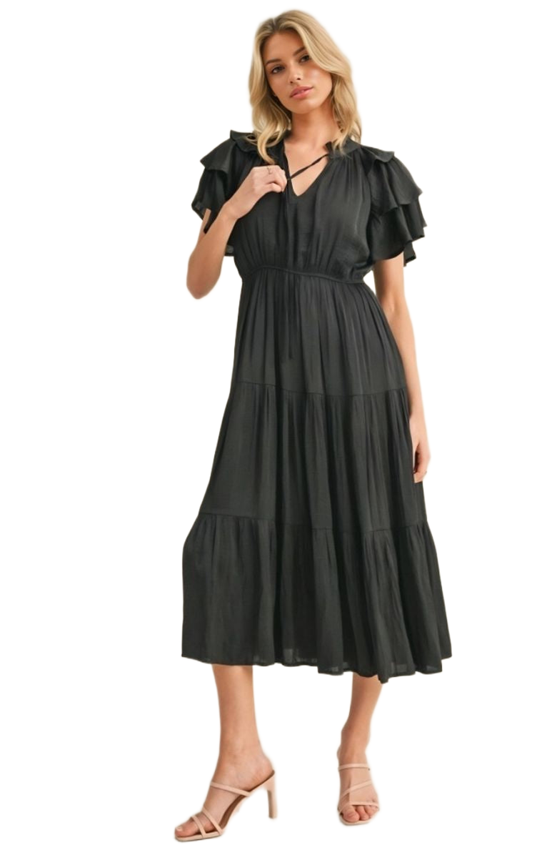 Knit and Lounge Tiered Tie Neck Midi Dress with Ruffle Sleeves, Alternate, color,