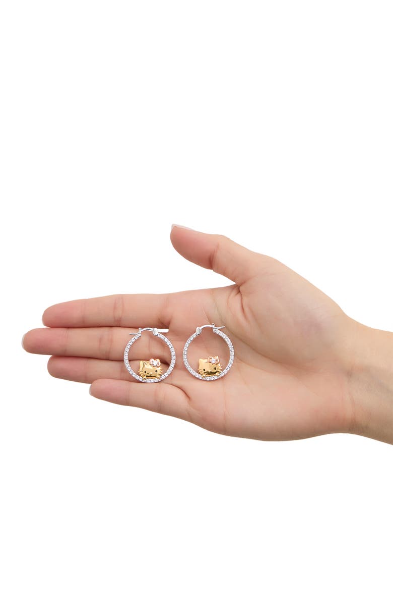Hello Kitty Tri-Color Pop Up White Sapphire Hoop Earrings, Alternate, color, Gold/Silver