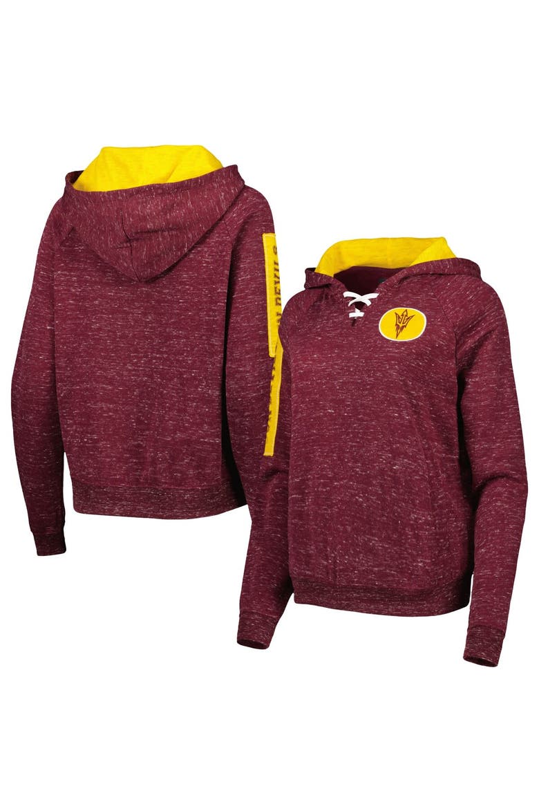 Women's Colosseum Maroon Arizona State Sun Devils The Devil Speckle Lace-Placket Raglan Pullover Hoodie, Main, color, Maroon