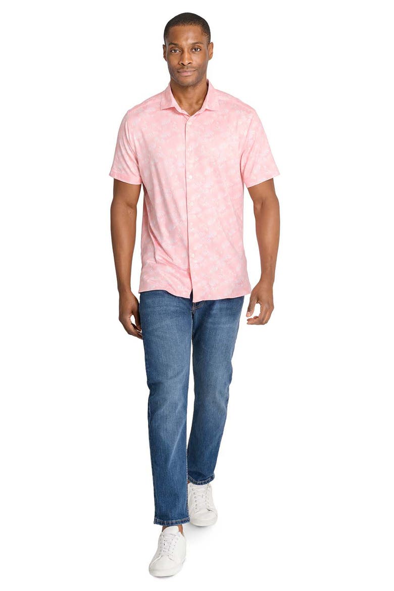 Trim Fit Floral Print Short Sleeve Button-Up Shirt, Alternate, color, CORAL