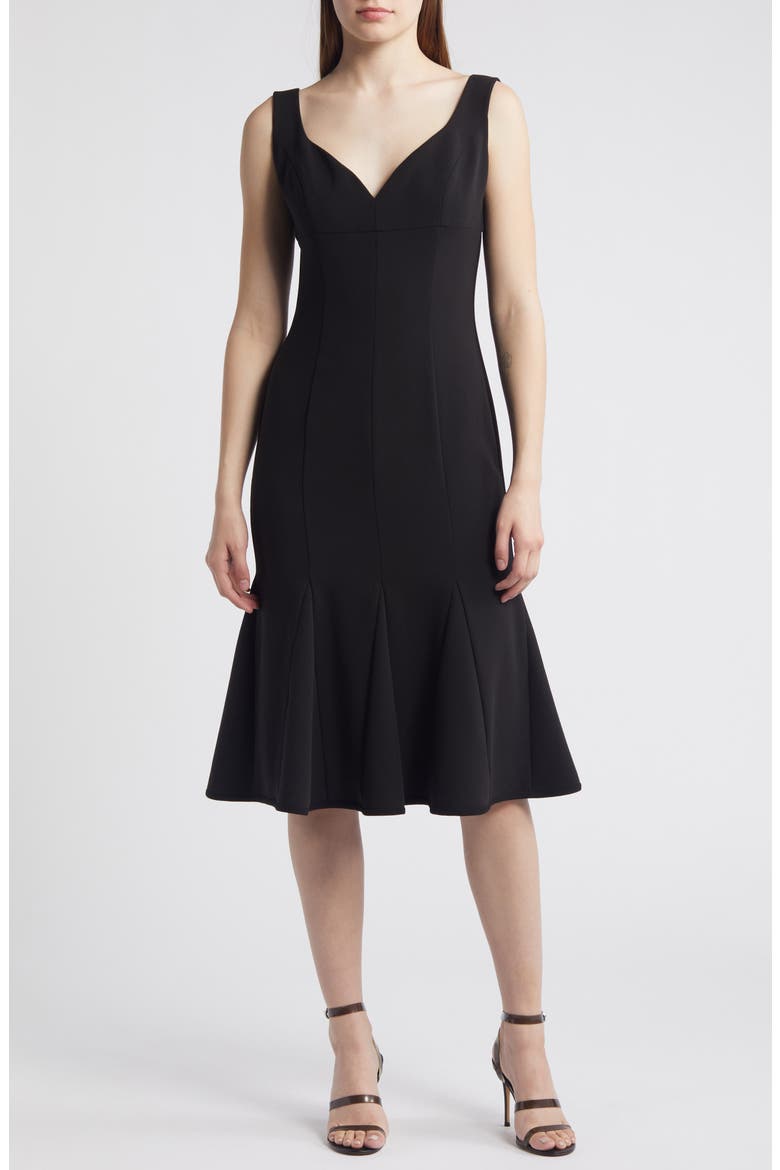 Ashlyn Godet Cocktail Midi Dress, Main, color, BLACK