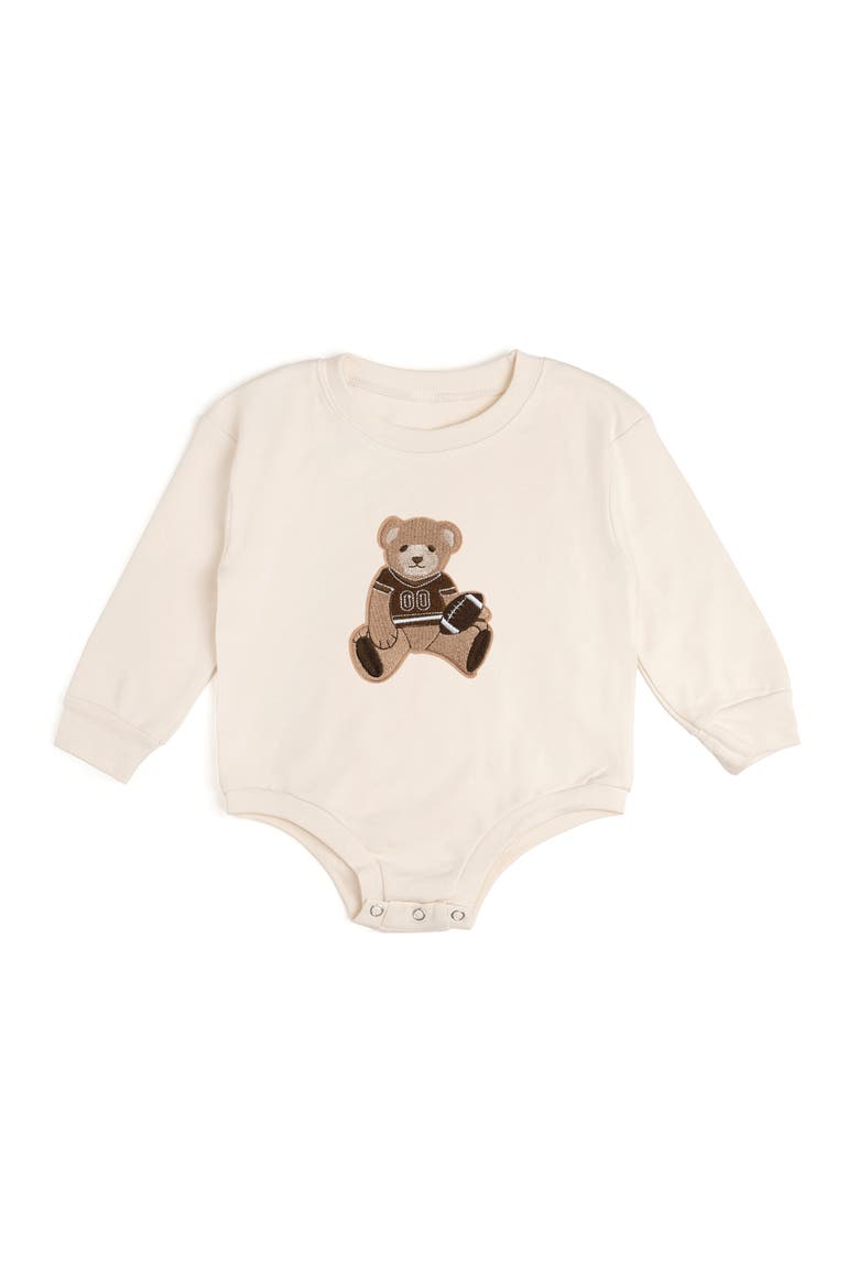 Teddy Bear Patch Long Sleeve Romper, Main, color, Natural Heather